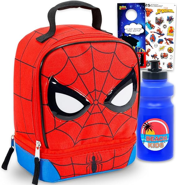 Spiderman Lunch Box for Boys Set - Bundle with Marvel Lunch Bag with Drop Bottom Compartment Plus Stickers, Water Bottle, More | Spiderman School Supplies for Kids