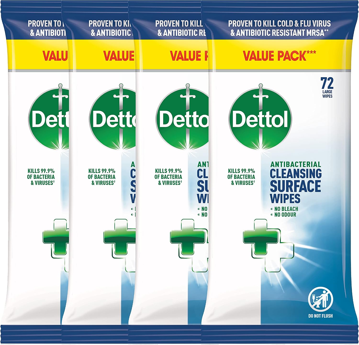 Dettol Antibacterial Disinfectant Wipes, 288 Count, 4 Packs of 72, Ideal for First Aid Kit, Car Cleaning, Surface Sanitizing, Germ Protection, Convenient and Effective Hygiene Solution