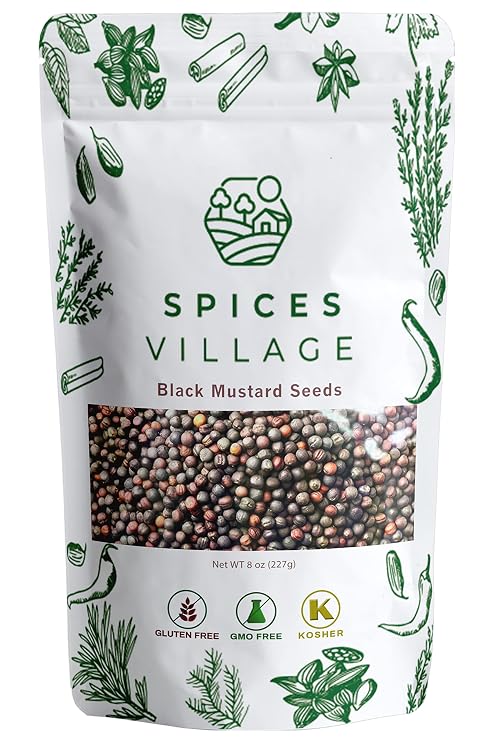 SPICES VILLAGE Black Mustard Seeds, 8 oz, Whole Mustard Spice for Pickling and Chutney, Kosher, Gluten Free, Non GMO, Resealable Bulk Bag