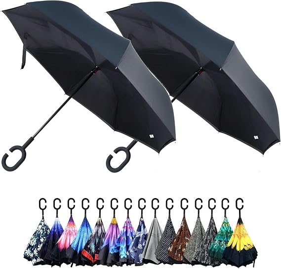 Parquet Purple and Blue Flower Double Layer Inverted Umbrellas - C Shaped Handle Reverse Folding Windproof Umbrella for Men and Women