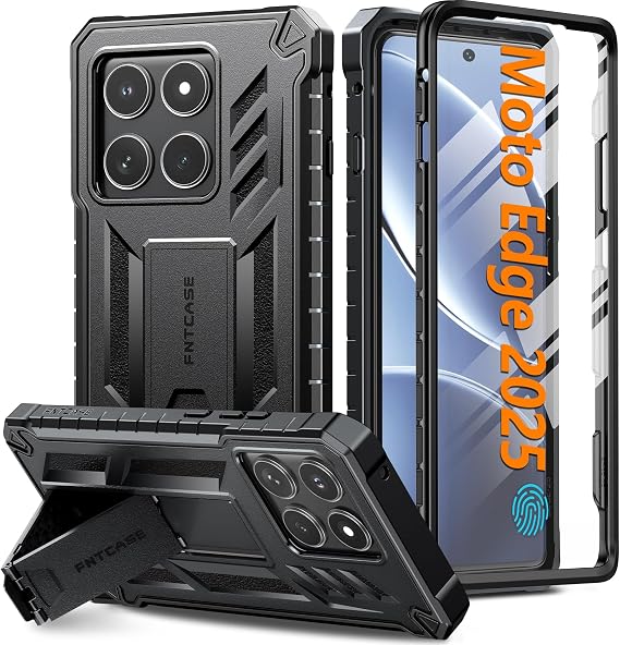 FNTCASE for Motorola Edge 2025 Case, Built-in Screen Protector, Kickstand | 20FT Military-Grade Drop Protection, Anti-Slip Matte Textured, Rugged Heavy Duty Shockproof TPU Protective Cover