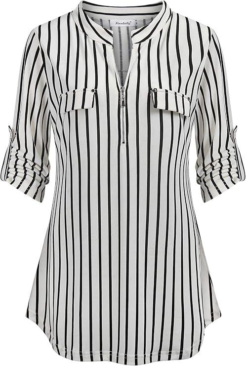 Ninedaily Women's 3/4 Sleeve Plaid Shirt Zip Floral Casual Tunic Blouse Top