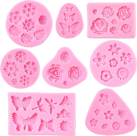 Flower Fondant Molds - 8 Pcs Flower and Butterfly Candy Silicone Molds for Chocolate Fondant Polymer Clay Soap Crafting Projects & Cake Decoration