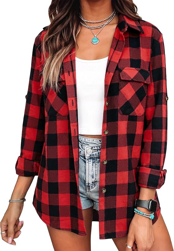 siliteelon Plaid Flannel Shirts for Women Long Sleeve Button Down Shirt