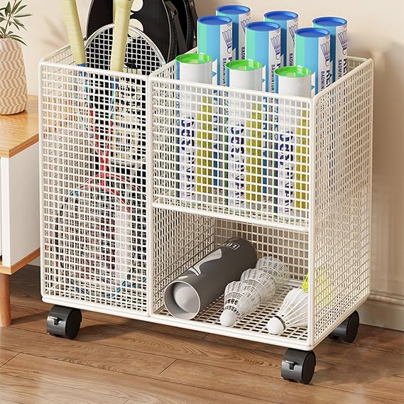Sports Badminton Racket Holder Cart with Wheels Holds 4-6 Rackets Badminton Racket Storage Rack Tennis Racket Display Stand School Playground Tennis Training Equipment Storage Rack(White)