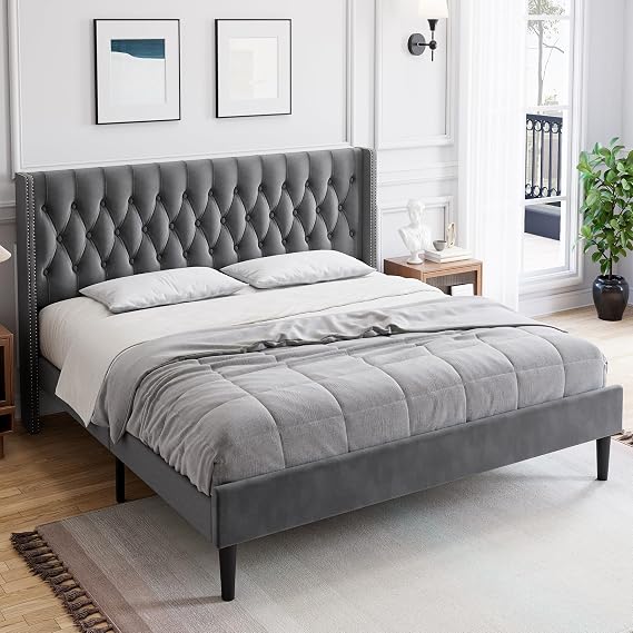 GAOMON King Size Bed Frame with Headboard, Modern King Bed Frame, Deep Button Tufted Headboard with Wingback, Velvet Upholstered Platform Bed Frame, No Box Spring Needed, Easy Assembly, Gray