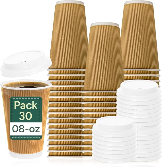 Zuvo Disposable Coffee Cups with Lids 30 Pack, 8oz - Takeaway Paper Cups for Hot Drinks | Triple Wall Ripple Insulated | Leak-Proof Kraft Cups for Office, Events &amp; On-the-Go