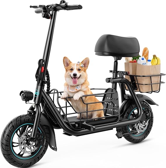 Gyroor Electric Scooter with Seat for Adults 20 Miles Range | 550W Motor, Pet Basket, 18.6 MPH Speed, 12" Tires, Foldable Design