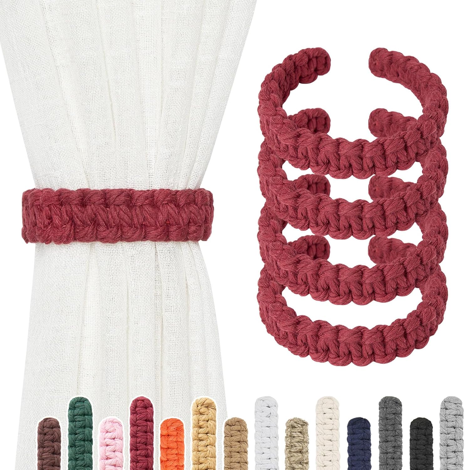 NICEEC 4 Pack Natural Cotton Rope Curtain Tiebacks Farmhouse Rustic Style Decorative Drape Tie Backs Handmade Braided Curtain Holdbacks for Home & Office SheerLight Weight Drapery C-Wine Red