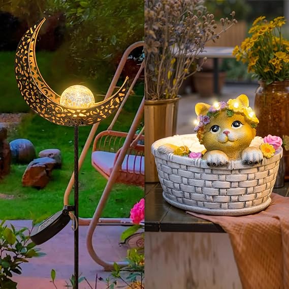 HOMEIMPRO 1 Moon Solar Lights, 1 Cat Solar Garden Statues Yard Decorations Birthday Housewarming Christmas Gift