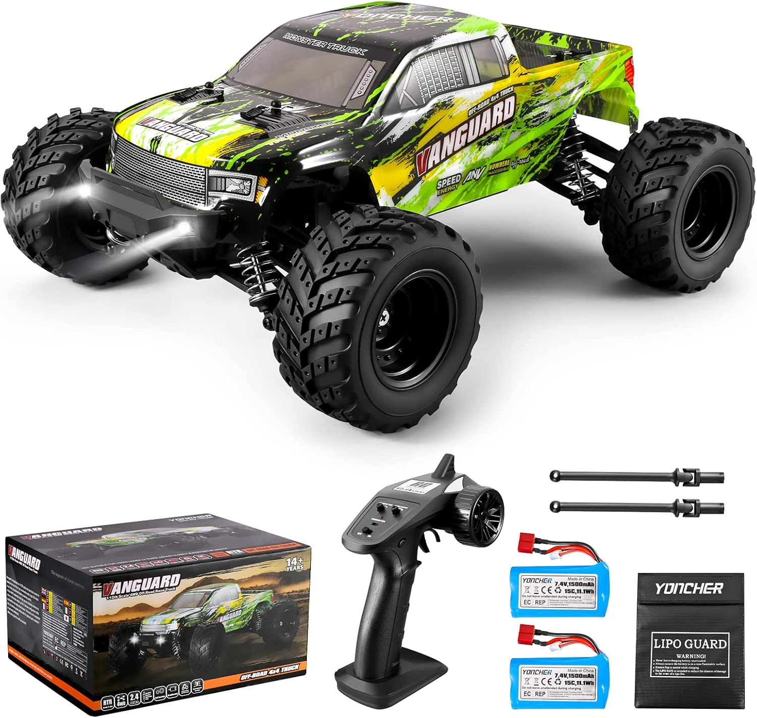 YONCHER YC300 RC Car 1:12 RC Monster Truck, 45 Kmh Hobby Fast Remote Control Cars for Boys Age 8-12, 4WD RC Trucks 4x4 Offroad Waterproof All Terrains for Adults with 2 Battery Gifts