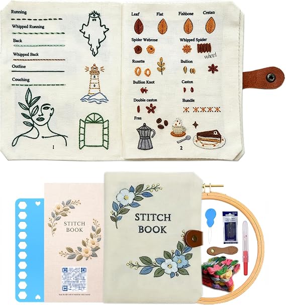 Roofo Embroidery Stitch Book Kit for Beginners, DIY Hand Sewing Embroidery Book 86" Starter Set for Adults Cross Stitch Kits with Colors Threads and Tools&Video Tutorials
