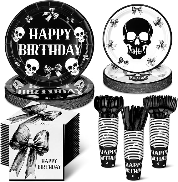 210 Pcs Gothic Birthday Decorations Gothic Halloween Happy Birthday Tableware Black Bow Skeleton Party Supplies Plates Napkins Cups and Forks for Halloween Party Dinnerware Supplies, Serve 30