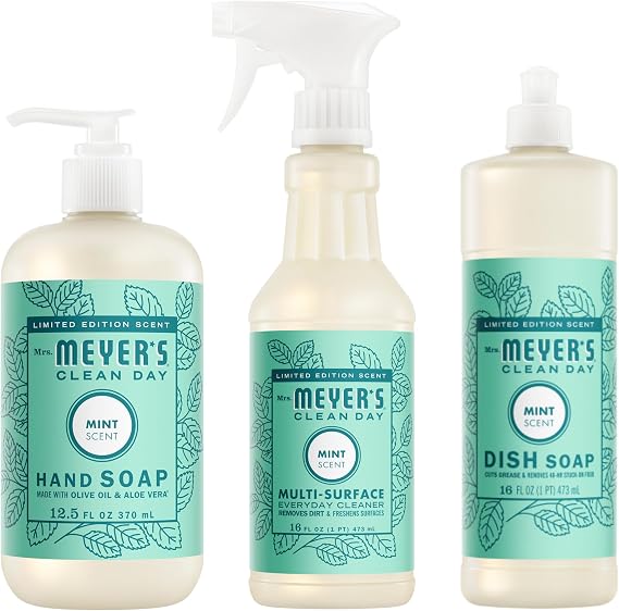 Mrs. MEYER'S Kitchen Set, Dish Soap, Hand Soap, and Multi-Surface Cleaner, 3 CT (Mint)
