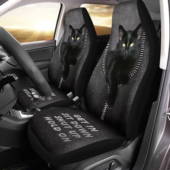 Black Bombay Cat & Zip Print Auto Seat Cover, Thin Breathable Universal Car Front Seats Accessories Interior Decor 2 Pcs