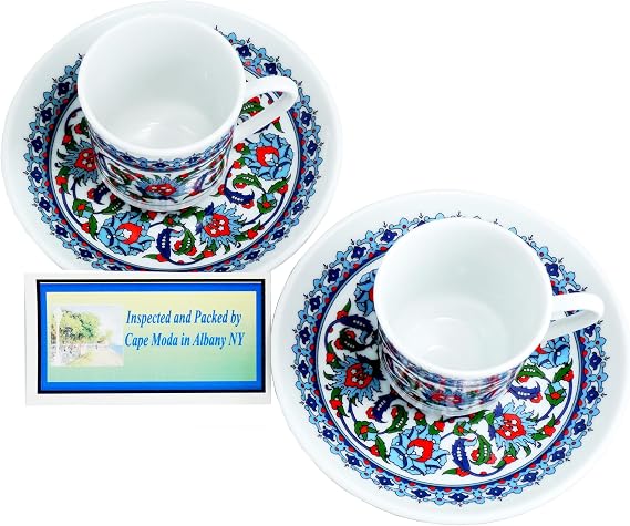 Turkish Coffee Set 4 Pcs Fancy Set Arabic Porcelain Espresso Cups with Saucers Cape Moda Demitasse (Small) Sets. Includes Two Cups and Two Saucers. (Blue Lily Tulips Design)