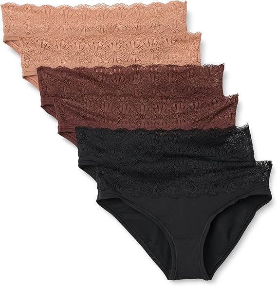 Amazon Essentials Women's Microfibre with Lace Trim Ladies Knickers, Bikini, Boyshort, Thong  Brief Styles, Pack of 6