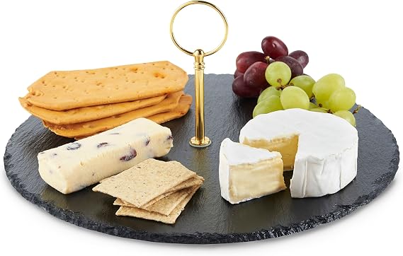 VonShef Round Natural Slate Cheese Board Server Plate Tray with Brushed Gold Carrying Handle and Gift Box - Perfect for Serving Cheese, Tapas, Cake or Dessert, Diameter 12 Inches