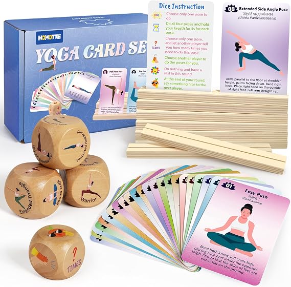 Homotte Wooden Yoga Dice and Yoga Cards Set for Kids 3+