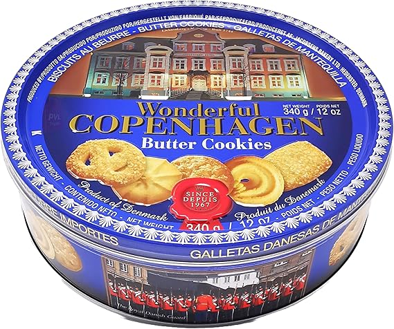 Danish Butter Cookies 340g (12 Ounce) with 32% Butter Content - in Wonderful Copenhagen Tin with Embossed Lid by Jacobsens of Denmark - Traditional Biscuit Tin Gift