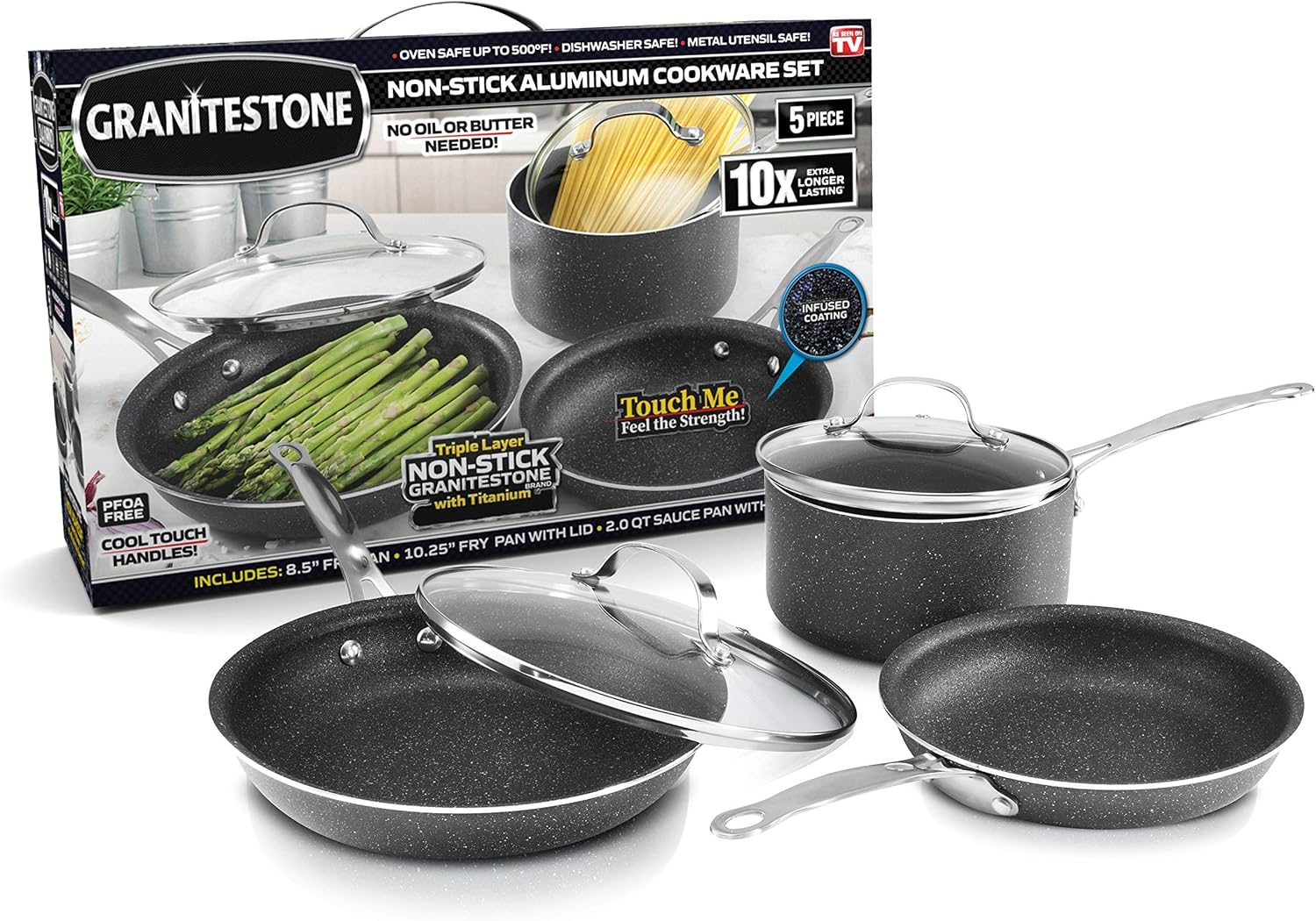 Granitestone Original Set of 5 non-stick cookware Scratch-resistant pots and pans Granite-coated anodized Dishwasher-safe PFOA-free Kitchenware to watch on TV