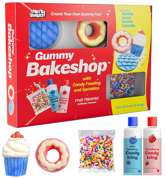 Gummy Bakeshop Candy Kit Gummy Donut, Cookie & Cupcake Shapes with Candy Icing and Sprinkles Flavored Candy Treat Set