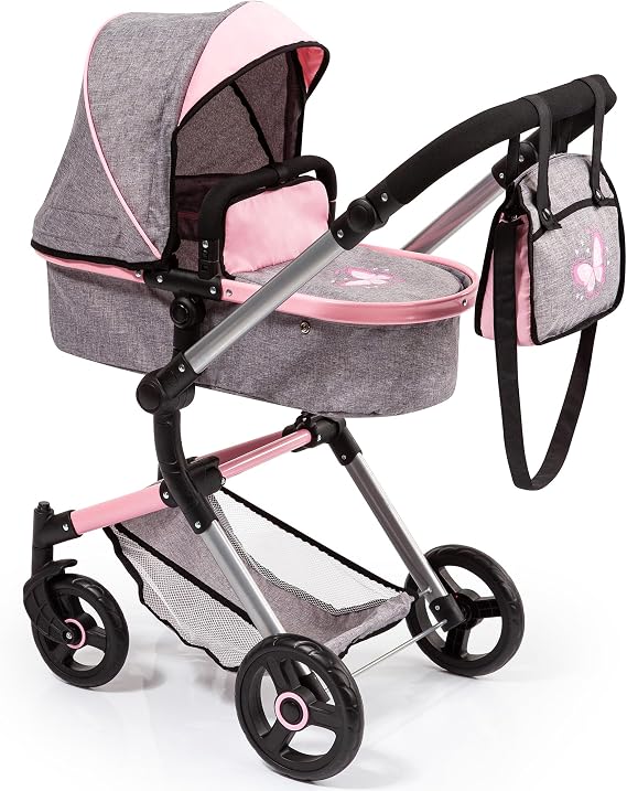 Bayer Baby Dolls Pram Neo Vario, Convertible Doll Pushchair, 52cm Dolls | Foldable Stroller with Carrycot & Changing Bag, Adjustable Handle Height for Girls 3-5, Tall Pram for 6 Years Plus