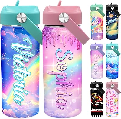 Personalized Name Water Bottles for Kids, Back to School Gifts, 18oz Straw Leakproof Toddler Water Bottle, Personalized 1-8 Year Old Christmas Easter Birthday Gifts for Girls Boys Photo
