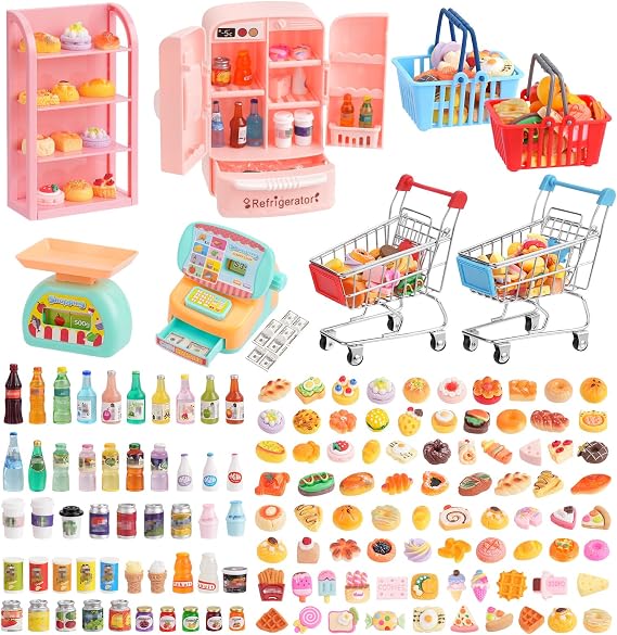 165Pcs Mini Shopping Cart Basket Miniature Food Drink Toy Supermarket Metal Handcart Shelves Cash Register Fridge Food Scale Trolley Dollhouse Store Grocery Accessories Kitchen Play Game Party Model