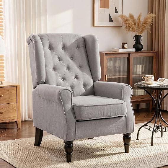 HOMCOM Mid-Century Modern Accent Chair, High Wingback Armchair, Gray | Reading, Button-Tufted, Upholstered Fabric, Retro Wood Legs, Apartment, Living Room, Bedroom