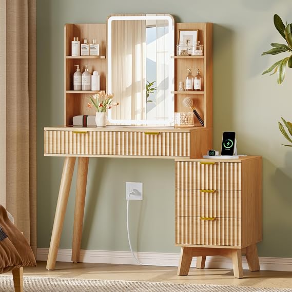 Vanity Desk With HD Lighted Mirror and Lights, Fluted Small Makeup Vanity with Storage Drawers & Shelves, Modern Dressing Table Set with Power Outlet & Glass Table Top for Women Girls Bedroom, Oak