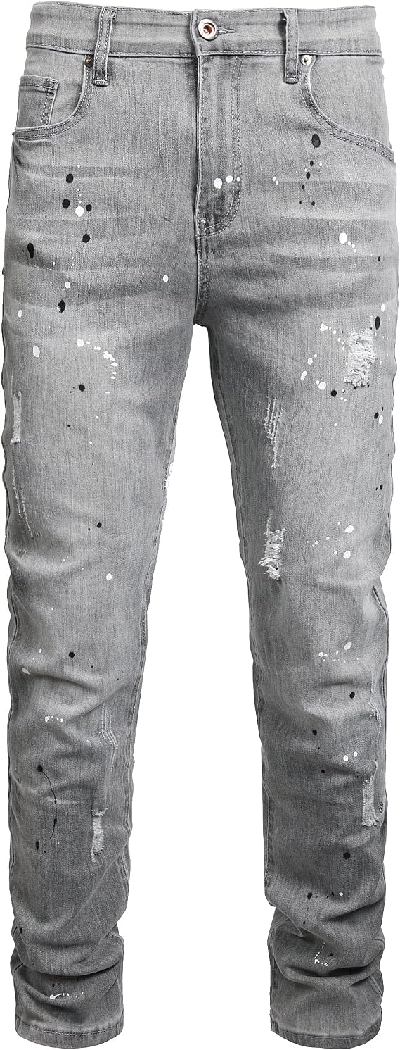 Men Ripped Jeans Fashion Slim Fit Traight Distressed Design Skinny Stretch Comfort Flex Waist Denim Pants
