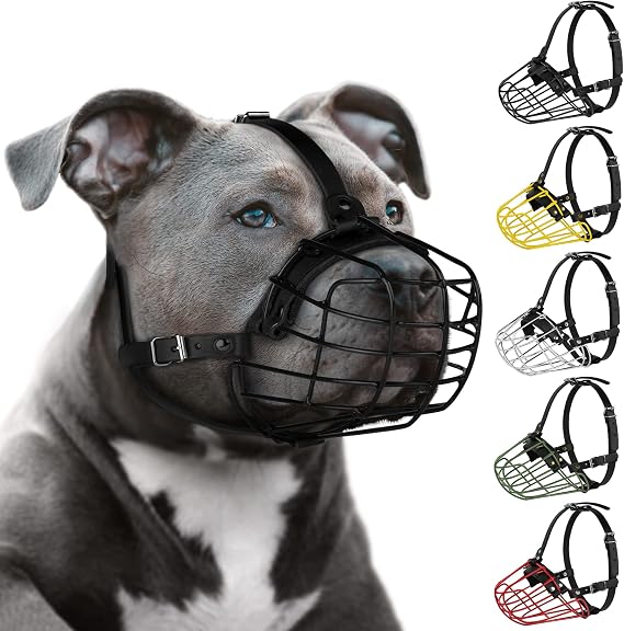 Pitbull Dog Muzzle Metal Mask Amstaff Safe Wire Basket Adjustable Durable Leather Straps for Large Dogs (Black)