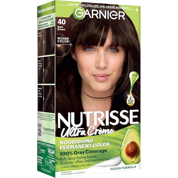 Garnier Nutrisse Ultra Creme Hair Color, Permanent Hair Dye with 100% Gray Coverage, Vegan & Cruelty-Free, 40 Dark Brown (Dark Chocolate), 1 Count