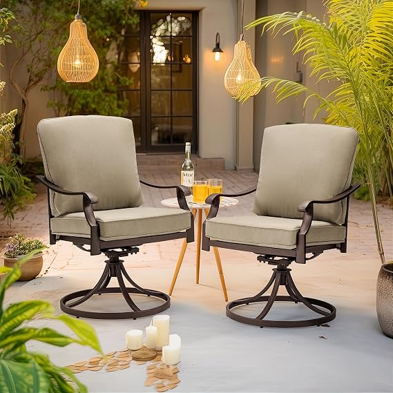 EROMMY Patio Swivel Chair Set of 2, Heavy Duty Outdoor Dining Chairs with Thickened Cushions, Metal Patio Chairs Gentle Rocker for Outside, Backyard, Khaki