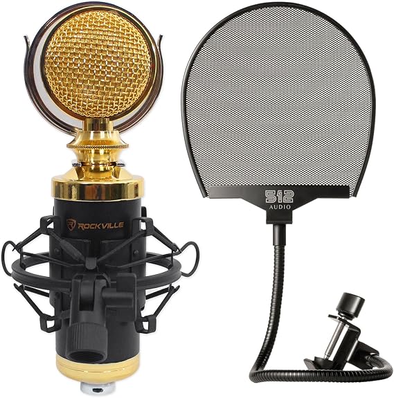 Rockville RCM02 Studio Condenser Microphone Bundle with 512-POP Pop Filter | 48V, Cardioid, 30Hz-20kHz, 126dB Max SPL, Metal Shock Mount, 2 10' Copper Cables, 512-POP Metal Pop Filter, 2-Items