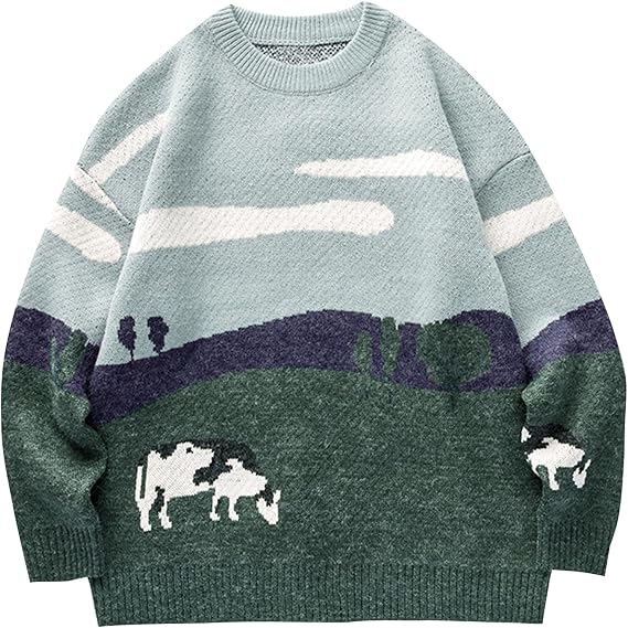 Flygo Men's Cow Sweater Oversized Sweaters Casual Knit Pullover Jumper | Chunky, Soft, Stretchy Knitted, Cartoon, Printed, Long Sleeve, Crewneck, Relaxed Fit, Fall Winter Sweaters, Unisex, Vintage