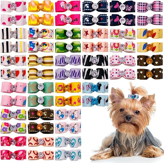 PET SHOW 100pcs Bulk 0.98inch*0.39inch Tiny Small Dogs Hair Bows with Rubber Bands Cat Puppies Yorkie Hair Topknot Grooming Accessories Mixed Matching Colors