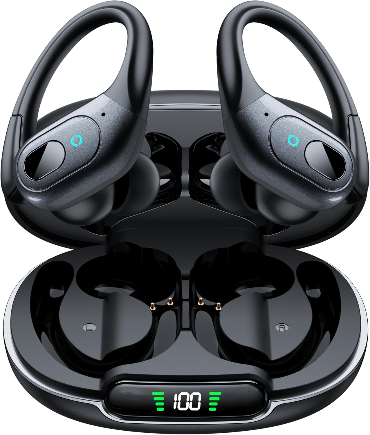 occiam Wireless Earbuds Bluetooth 5.3 Sport Headphones with LED Charging Case, 90H Playback Sweatproof Over Ear Running Ear Buds with Earhooks Workout Earphones for iOS Android,Black