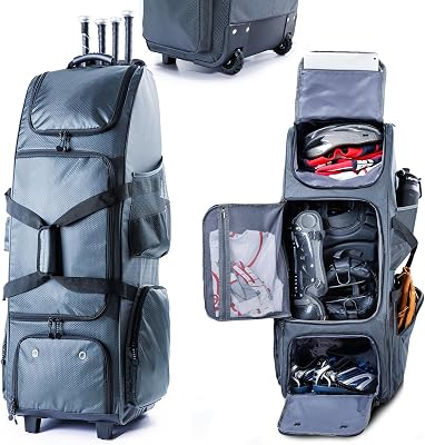 Rolling Baseball Bag With Wheels, Seperate Shoe Compartment and Fence Hook - Large Softball Bag for T-Ball - Team Equipment Duffle Bag - Catcher Gear Bag for Boys 8-12, Youth, Adults