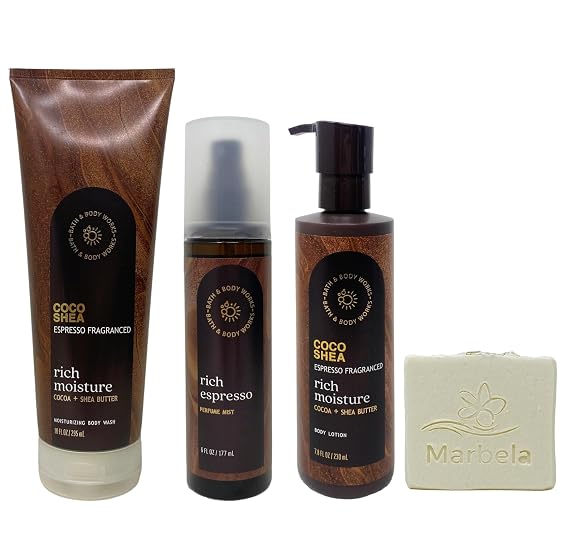 Bath & Body Works Coco Shea Espresso Fragranced Trio Gift Set - Moisturizing Body Wash, Perfume Mist and Body Lotion - with a Natural Oats Bar Soap - Full Size