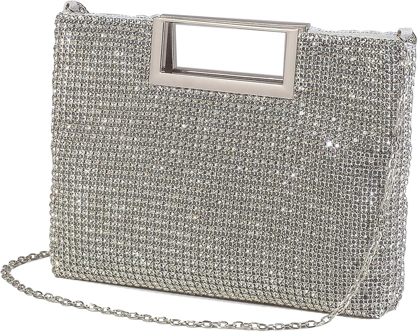 Womens Top Handle Rhinestone Clutch Purse Evening Bag with Chain