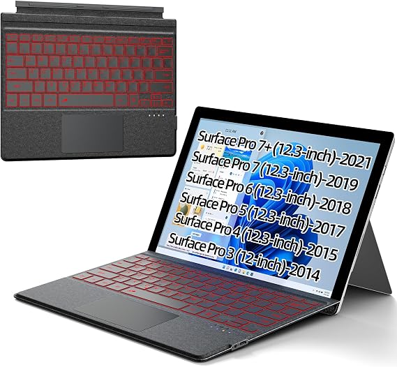 Bluetooth Keyboard for Surface Pro 7+/7/6/5/4/3 7-Color Backlit Touchpad