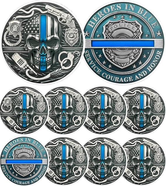 10 PCS Police Challenge Coins Thin Blue Line Skull Police Officers Prayer Coin
