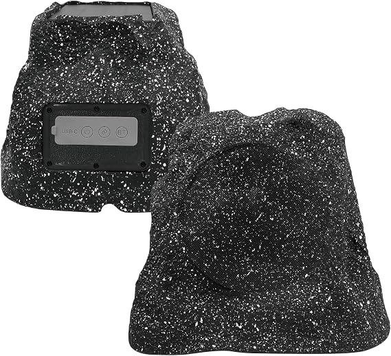 Herdio 8" Rock Bluetooth Speakers Outdoor Waterproof IPX7 Wireless Solar Max 240 Watt, TWS Connection Powered with Rechargeable Battery for Garden Patio Deck Pool Backyard(Black,1Pair)