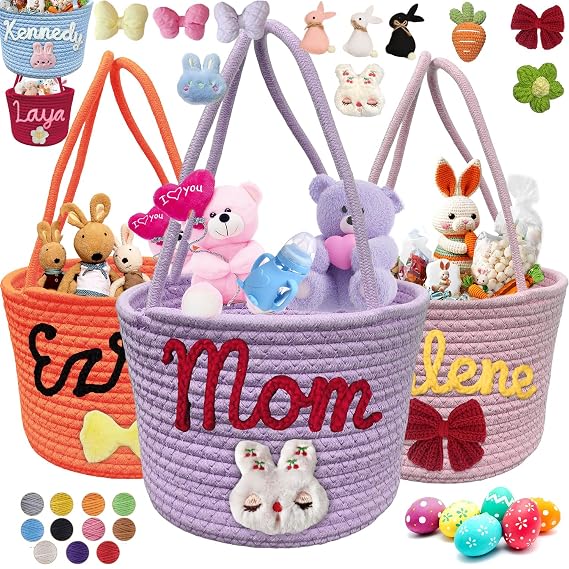 Personalized Easter Basket with Name Custom Egg Candy Storage Baskets with Handle for Kids Customized Easter Party Gifts for Boys Girls Purple