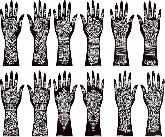 Henna Tattoo Stencil Kit, 12 Sheets Stickers for Hand Forearm Glitter Airbrush, Large Indian Temporary Tattoo Stickers