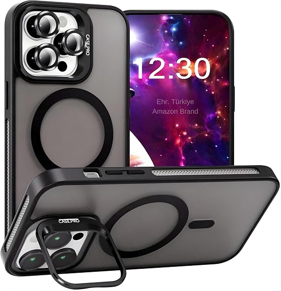 Ehr. iPhone 16 Pro Max ile Uyumlu Magsafe Wireless Şarj Özellikli Kamera Standlı Lüks Mat Silikon Kılıf [Lens Koruyucu Hediyeli] (Siyah, iPhone 16 Pro Max)