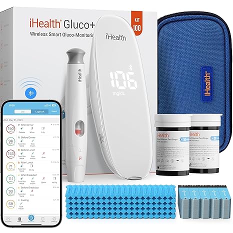 iHealth Gluco+ Wireless Smart Glucose Monitor Kit, 100 Strips & 100 Lancets | Free Smart App, Unlimited Data Storage, High Accuracy, Home Blood Sugar Tracking, Daily Diabetes Management