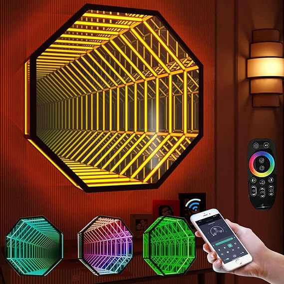 LED Infinity Mirror Tunnel Lamp,LED 3D Mirror Night Light,3D Mirror Tunnel Light with Remote 358 Magical Multi Color Changing Light,RGB Color-Changing Tunnel Light,30cm